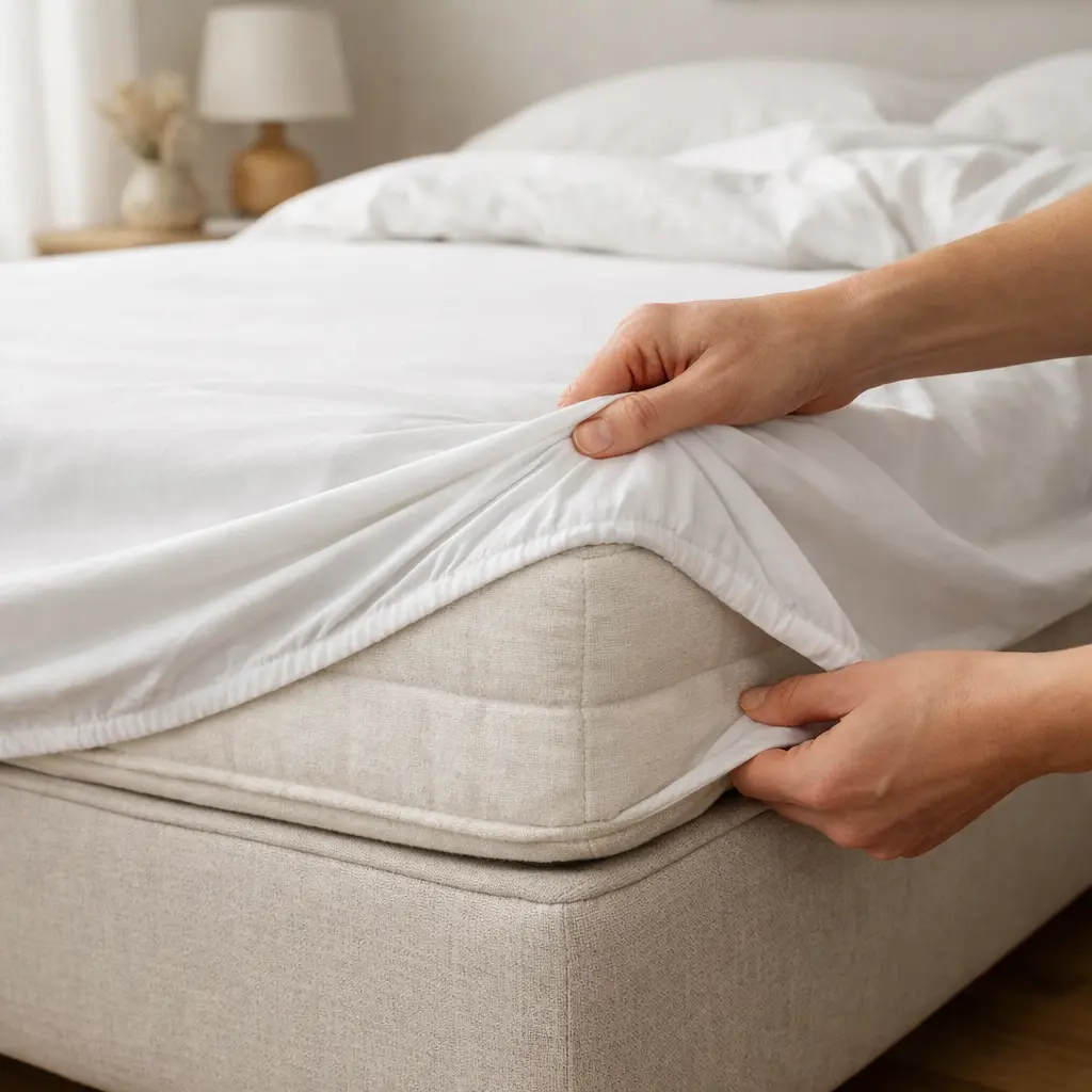 Fitted sheet wrapped over mattress and topper profile